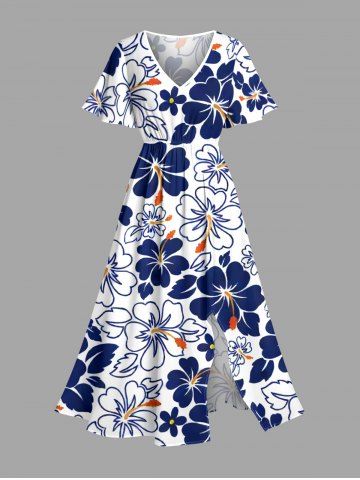 Robe midi trapèze grande taille à imprimé hibiscus et poches fendues, style hawaïen - DEEP BLUE - 5X