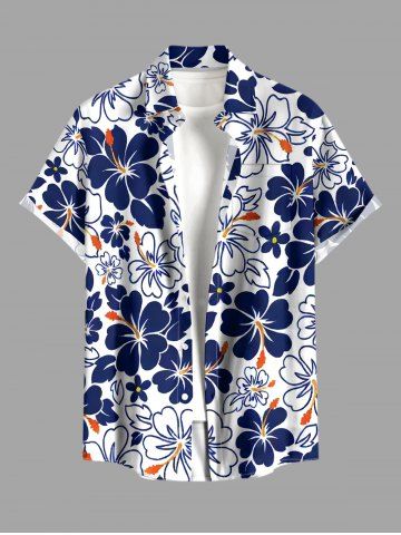 Chemise hawaïenne à imprimé floral hibiscus grande taille et poche boutonnée pour homme - DEEP BLUE - 4XL