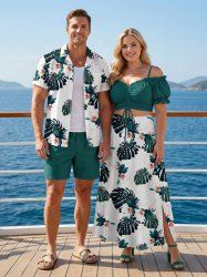 Tropical Leaf Flowers Print Matching Hawaii Beach Outfit For Couples -  