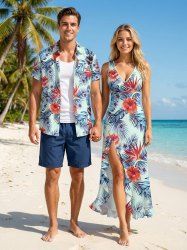 Hibiscus Flower Tropical Leaf Print Plus Size Matching Hawaii Beach Outfit For Couples -  