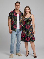 Skull Pineapple Hibiscus Flower Tropical Leaf Print Plus Size Matching Hawaii Beach Outfit For Couples -  