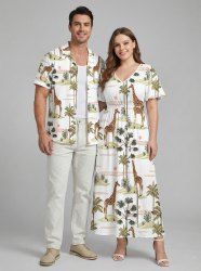 Ensemble de plage hawaïen assorti grande taille à imprimé girafe, cocotier et soleil pour couples - Blanc 