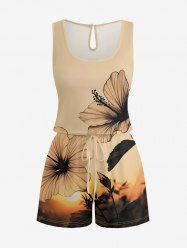 Plus Size Hibiscus Flower Ombre Sunset Print Hawaii Drawstring Pocket Romper -  