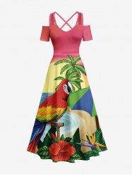 Coconut Tree Sea Parrot Hibiscus Flower Print Hawaii Cold Shoulder Crisscross A Line Maxi Dress -  