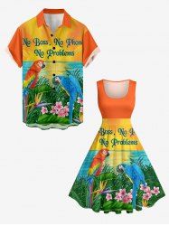 Ensemble de plage hawaïen assorti pour couples, grandes tailles, imprimé perroquets, fleurs, feuilles, coucher de soleil et paysage marin - Orange 