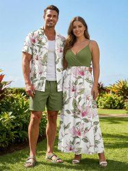 Ensemble de plage hawaïen assorti grande taille à imprimé fleurs et feuilles pour couples - Vert clair 