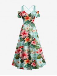 Robe longue hawaïenne à imprimé tropical fleurs d'hibiscus et feuilles, épaules dénudées et bretelles croisées, grande taille - Vert 1X