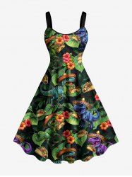Plus Size Dinosaur Flowers Leaf Print Hawaii Tank Dress -  