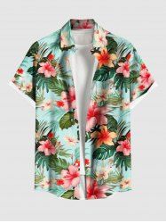 Plus Size Hibiscus Flowers Leaf Tropical Print Buttons Pocket Hawaii Shirt For Men - Vert 2XL