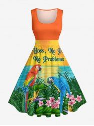 Robe vintage grande taille à imprimé perroquets, fleurs, feuilles, coucher de soleil et paysage marin, style hawaïen des années 1950 - Orange L