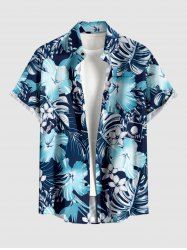 Chemise hawaïenne grande taille pour homme, à imprimé feuilles tropicales et fleurs d'hibiscus, boutons et poche. - Bleu S