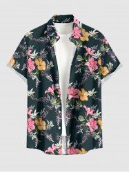 Hibiscus Flower Leaf Branch Print Hawaii Button Pocket Shirt For Men -  
