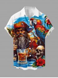 Skull Hibiscus Flower Parrot Pirate Beer Print Hawaii Button Pocket Shirt For Men -  