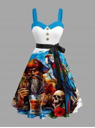Robe trapèze grande taille à imprimé tête de mort, hibiscus, perroquet et bière pirate, style hawaïen, boutonnée et avec ceinture amovible - Bleu Ciel 6X