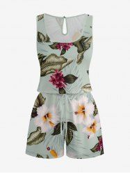 Plus Size Hibiscus Flower Leaf Print Cinched Hawaii Romper -  