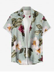 Hibiscus Flower Leaf Print Buttons Pocket Hawaii Shirt For Men -  