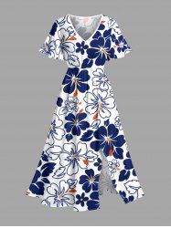 Robe midi trapèze grande taille à imprimé hibiscus et poches fendues, style hawaïen - Bleu profond M