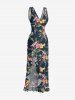 Robe hawaïenne à imprimé fleurs d'hibiscus, feuilles et branches, à volants et fente - Noir XL