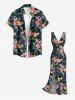 Robe hawaïenne à imprimé fleurs d'hibiscus, feuilles et branches, à volants et fente - Noir XL