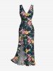 Hibiscus Flower Leaf Branch Print Hawaii Ruffles Split Dress -  