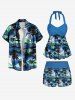 Maillot de bain tankini à imprimé hawaïen torsadé dos nu et jambes courtes, avec cocotier, hibiscus et fleurs de mer. - Bleu M