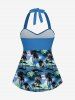 Maillot de bain tankini à imprimé hawaïen torsadé dos nu et jambes courtes, avec cocotier, hibiscus et fleurs de mer. - Bleu M