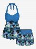 Maillot de bain tankini à imprimé hawaïen torsadé dos nu et jambes courtes, avec cocotier, hibiscus et fleurs de mer. - Bleu L