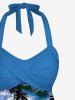 Maillot de bain tankini à imprimé hawaïen torsadé dos nu et jambes courtes, avec cocotier, hibiscus et fleurs de mer. - Bleu L