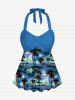 Maillot de bain tankini à imprimé hawaïen torsadé dos nu et jambes courtes, avec cocotier, hibiscus et fleurs de mer. - Bleu 4X