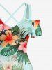 Robe longue hawaïenne à imprimé tropical fleurs d'hibiscus et feuilles, épaules dénudées et bretelles croisées, grande taille - Vert 1X