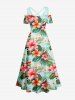 Robe longue hawaïenne à imprimé tropical fleurs d'hibiscus et feuilles, épaules dénudées et bretelles croisées, grande taille - Vert 1X