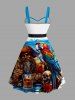 Plus Size Skull Hibiscus Flower Parrot Pirate Beer Print Hawaii Button A Line Dress with Removable Belt -  