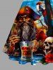 Plus Size Skull Hibiscus Flower Parrot Pirate Beer Print Hawaii Button A Line Dress with Removable Belt -  