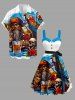 Robe trapèze grande taille à imprimé tête de mort, hibiscus, perroquet et bière pirate, style hawaïen, boutonnée et avec ceinture amovible - Bleu Ciel 6X