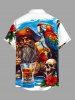 Skull Hibiscus Flower Parrot Pirate Beer Print Hawaii Button Pocket Shirt For Men -  