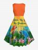 Robe vintage grande taille à imprimé perroquets, fleurs, feuilles, coucher de soleil et paysage marin, style hawaïen des années 1950 - Orange L