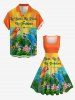 Robe vintage grande taille à imprimé perroquets, fleurs, feuilles, coucher de soleil et paysage marin, style hawaïen des années 1950 - Orange L