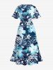 Hibiscus Flowers Tropical Leaf Print Split Hawaii Midi Dress -  