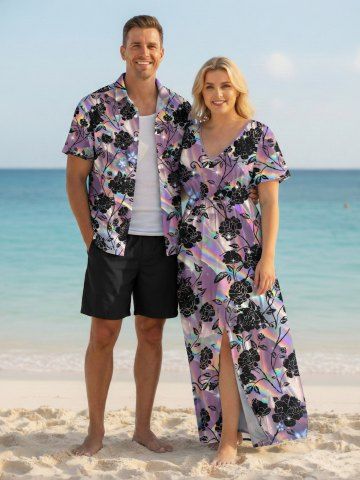 Tenue de plage hawaïenne assortie grande taille à imprimé rose arc-en-ciel pour couples - PURPLE