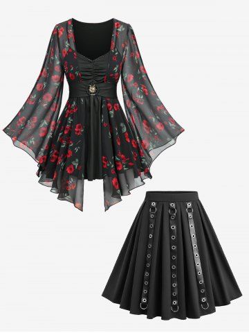 Ensemble 2 en 1 : haut à imprimé rose froncé et ceinture, et jupe trapèze à œillets et bretelles en PU. - BLACK