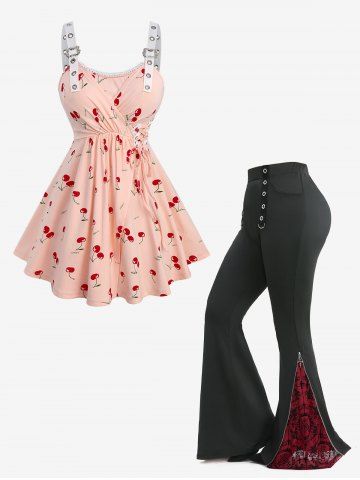 Ensemble grande taille composé d'un débardeur cache-cœur à lacets imprimé cerises et d'un pantalon évasé floqué - BLACK