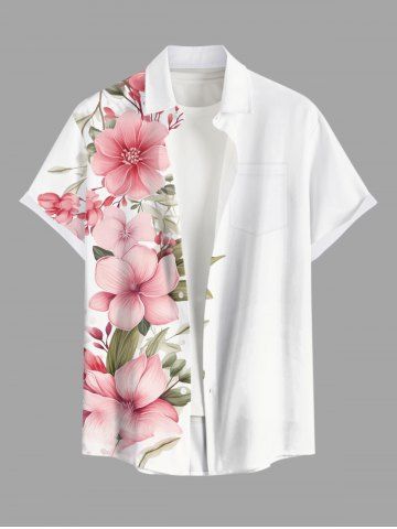 Chemise hawaïenne grande taille à imprimé floral et feuilles, boutons et poche pour homme - WHITE - M