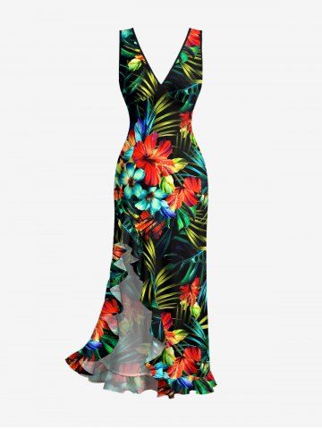 Robe hawaïenne à volants, imprimé de feuilles tropicales et fleurs d'hibiscus, fendue et cache-cœur, à volants et imprimé de feuilles tropicales - BLACK - XXXL