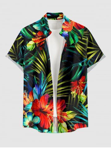 Chemise hawaïenne grande taille pour homme, à imprimé floral tropical et feuilles d'hibiscus, boutons et poche. - BLACK - 2XL