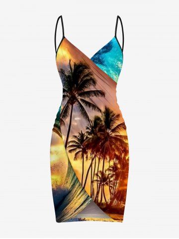 Plus Size Coconut Tree Sea Waves Sun Print Convertible Hawaii Beach Cover - YELLOW - 5X