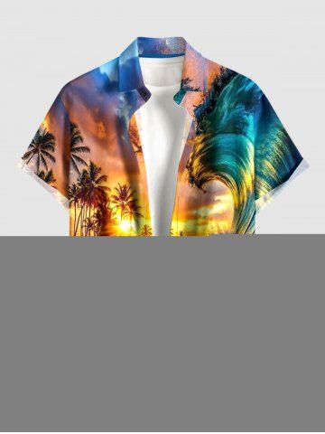 Chemise hawaïenne grande taille pour homme, imprimé cocotiers, vagues et soleil, boutons et poche. - YELLOW - M