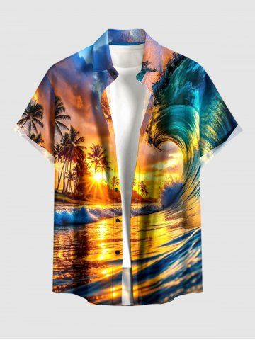 Chemise hawaïenne grande taille pour homme, imprimé cocotiers, vagues et soleil, boutons et poche. - YELLOW - XL