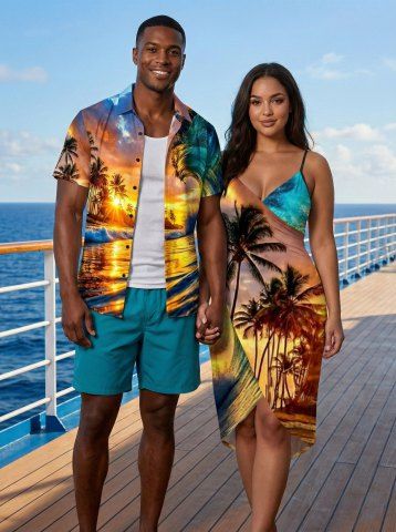 Tenue de plage hawaïenne assortie grande taille, imprimé vagues et cocotiers, pour couples - YELLOW