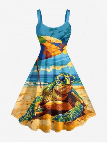 Robe trapèze grande taille Sky Sea Sunshade à imprimé tortue et créatures marines hawaïennes - SKY BLUE - 6X