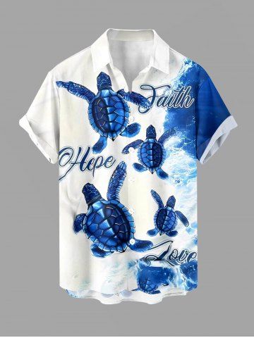 Plus Size Turtle Sea Waves Print Hawaii Sea Creatures Button Pocket Shirt For Men - BLUE - 3XL